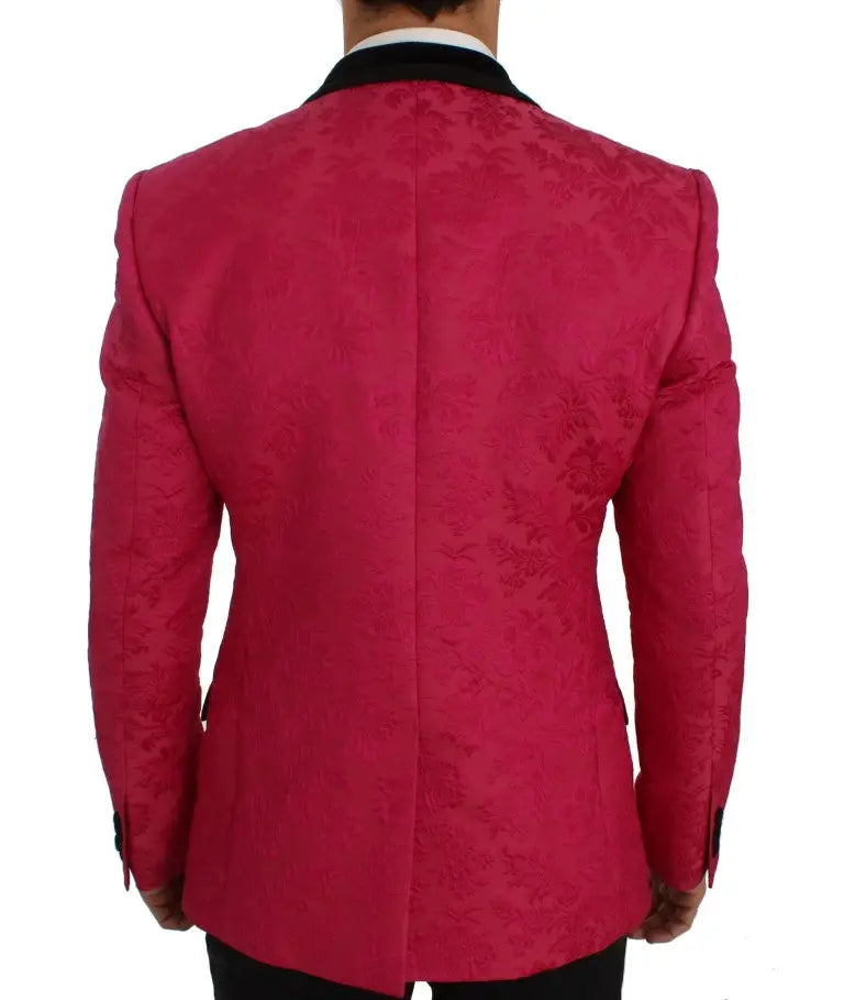 Veste blazer fine dolce & gabbana fuchsia vif en brocart floral avec revers en satin noir contrastant