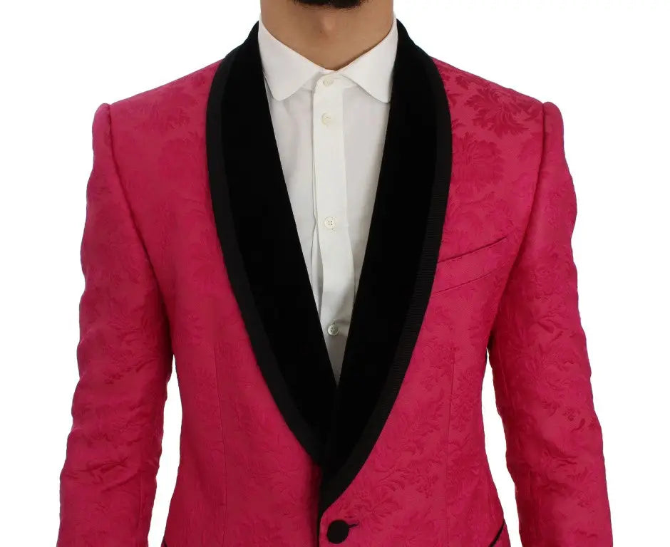 Veste de smoking dolce & gabbana fuchsia vif avec revers en velours noir et motif floral subtil en brocart rose
