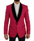 Veste blazer slim dolce & gabbana en brocart floral rose fuchsia vif avec revers et bordure en velours noir texturé