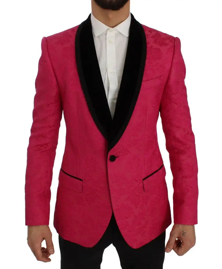 Veste blazer slim dolce & gabbana en brocart floral rose fuchsia vif avec revers et bordure en velours noir texturé