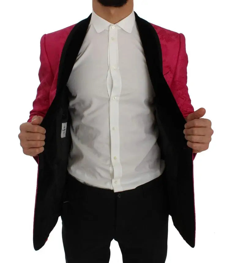 Blazer slim dolce et gabbana rose en brocart floral avec revers en velours noir et motif texturé subtil