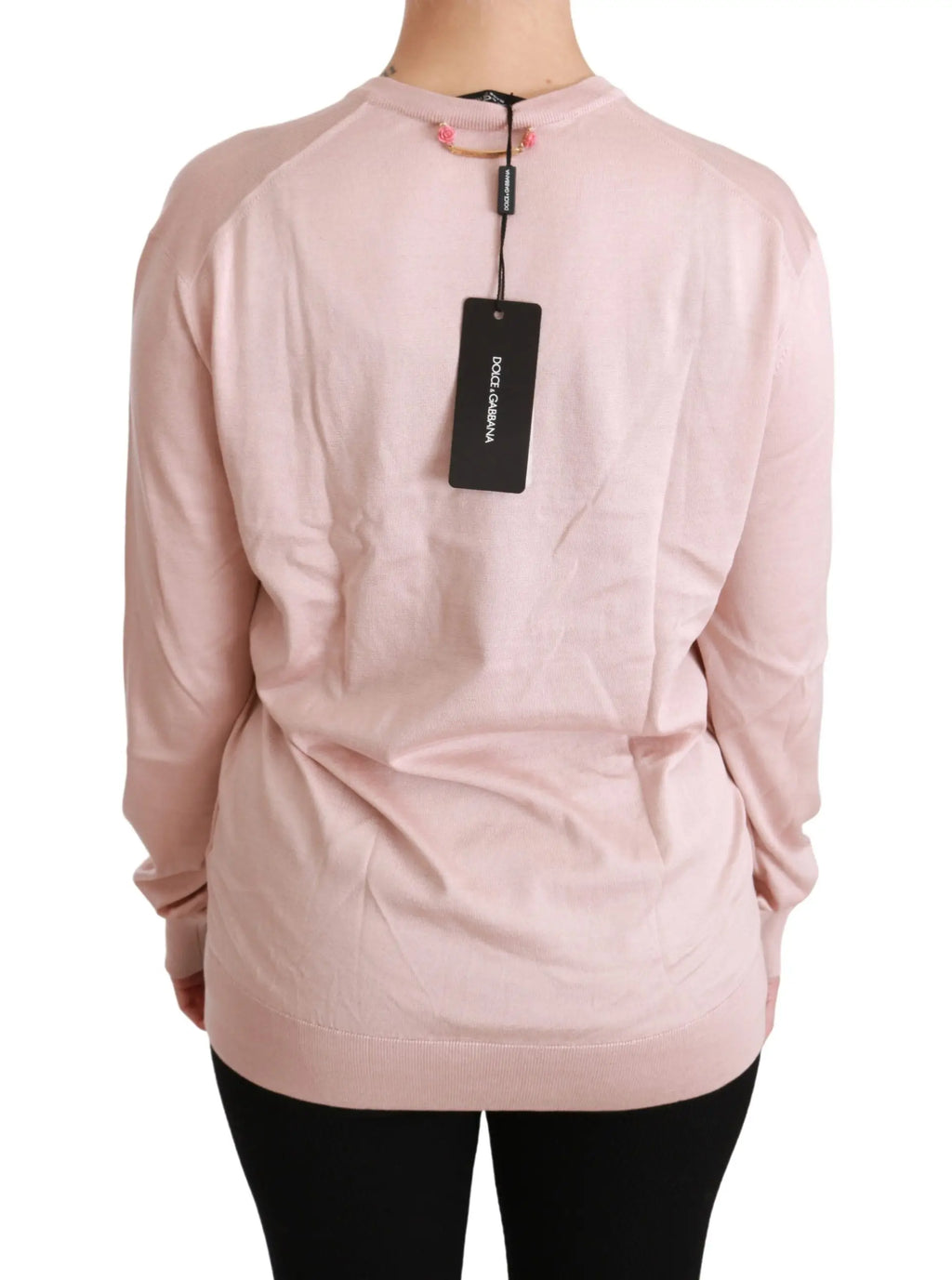 Pull rose doux dolce & gabbana en soie avec manches longues et bordures côtelées embellies de fleurs