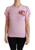 Pull dolce & gabbana rose en laine avec manches bouffantes et broderie florale sur la poitrine