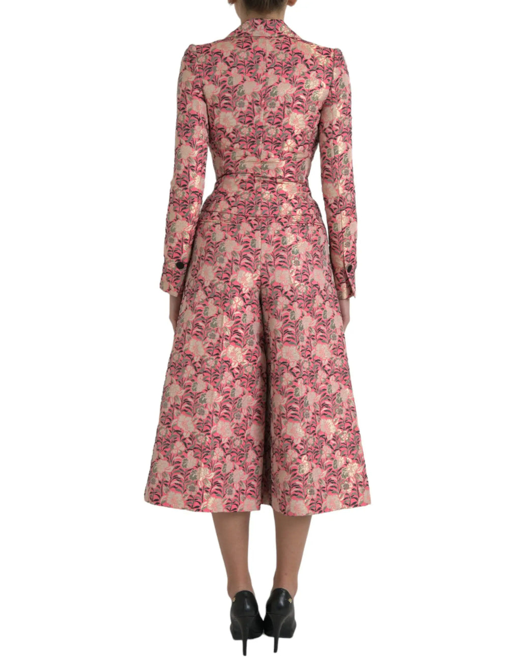 Manteau midi dolce & gabbana rose à motif floral en jacquard avec col structuré manches longues et ceinture élégante
