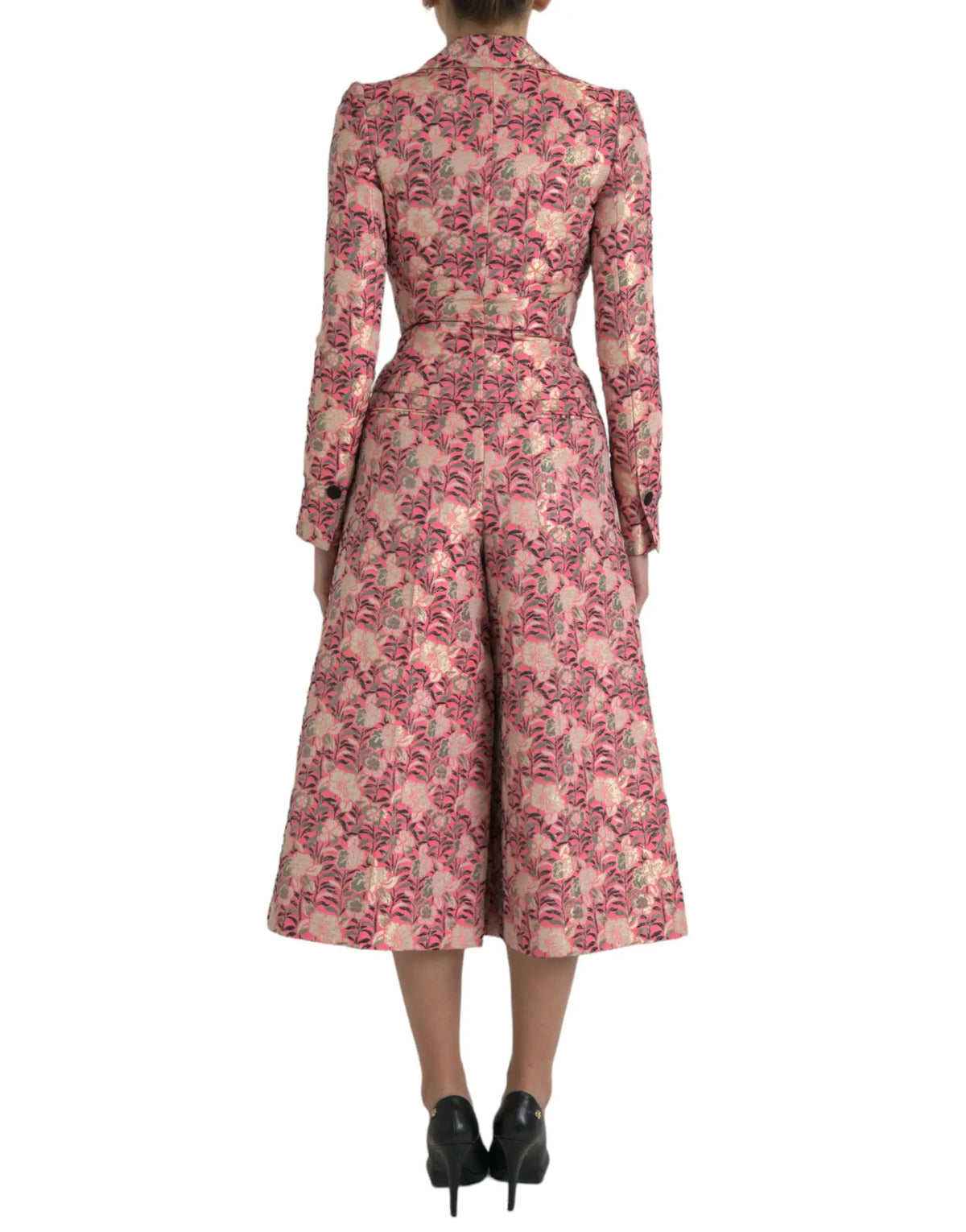 Manteau midi dolce & gabbana rose à motif floral en jacquard avec col structuré manches longues et ceinture élégante