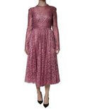 Robe midi en dentelle florale rose dusty rose avec manches longues et corsage ajusté de dolce gabbana