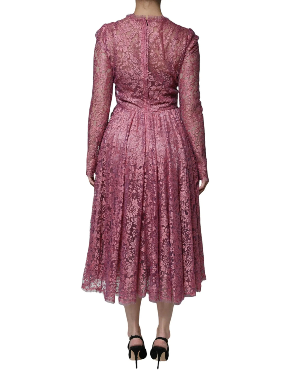 Robe midi en dentelle florale rose dolce gabbana manches longues et corsage cintré