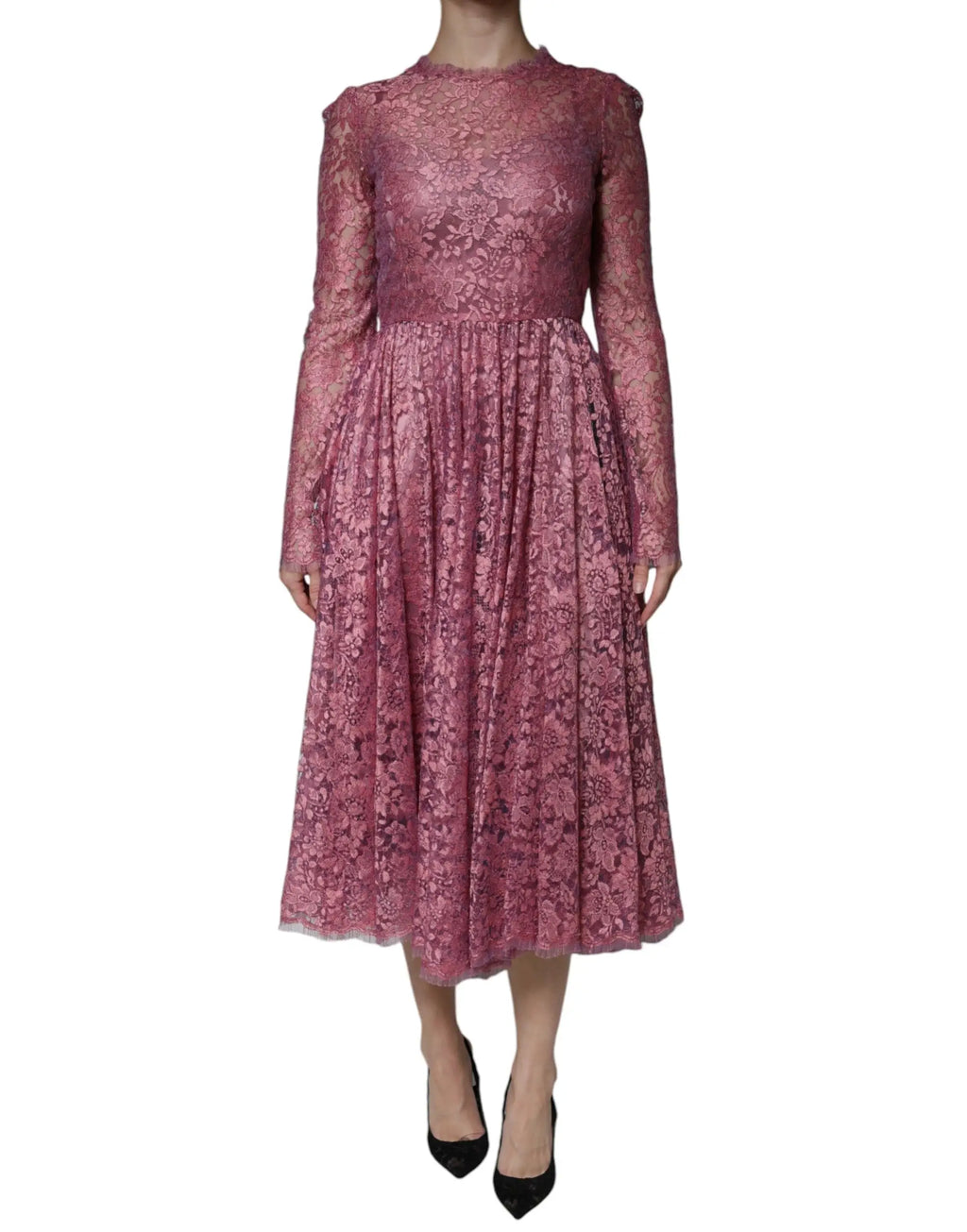 Robe midi en dentelle florale rose poudré dolce & gabbana avec manches longues ajustée au corps