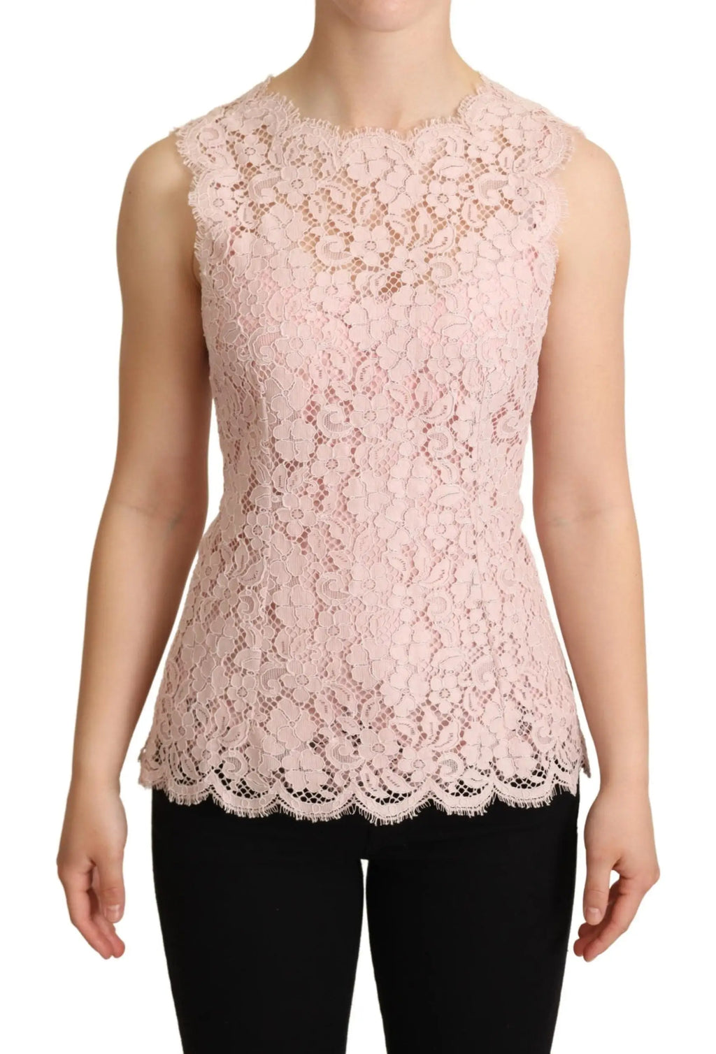 Débardeur dolce & gabbana rose en dentelle florale douce avec ourlet festonné et motifs détaillés