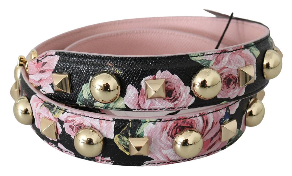 Dolce & gabbana pink floral leather stud accessory shoulder strap avec ceinture florale noire roses roses et clous dorés