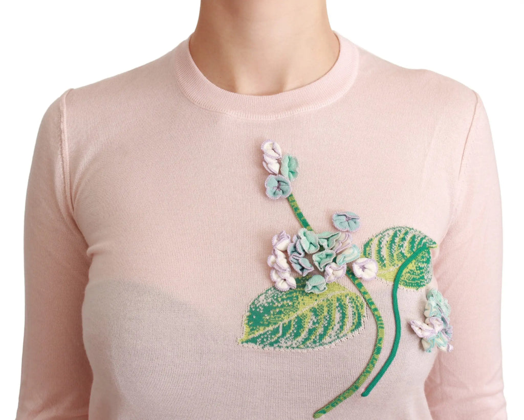 Pull en cachemire soie rose dolce & gabbana avec broderie florale tridimensionnelle et feuilles vert clair