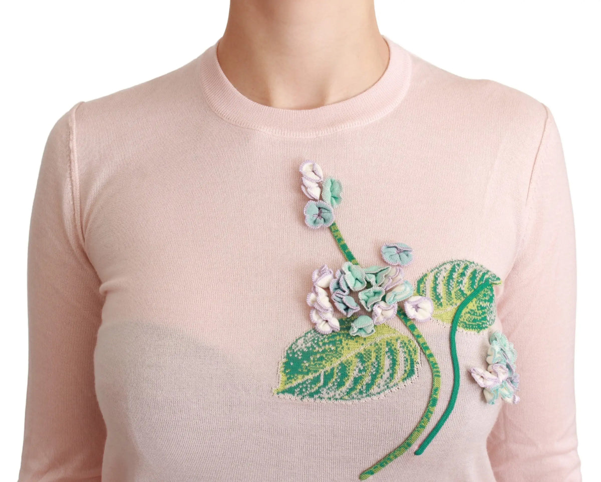 Pull en cachemire soie rose dolce & gabbana avec broderie florale tridimensionnelle et feuilles vert clair