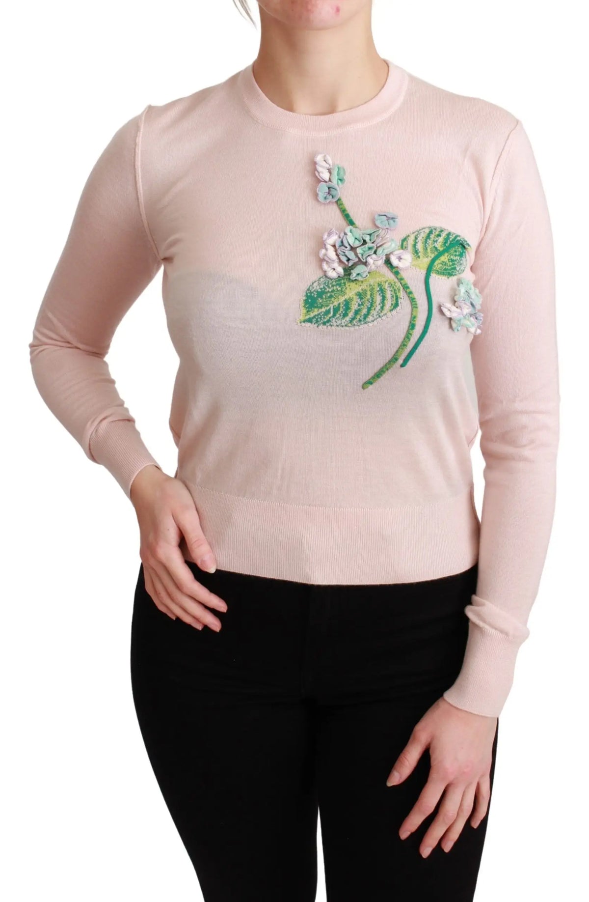 Pull en soie et cachemire dolce & gabbana rose pâle avec broderie florale délicate et manches longues