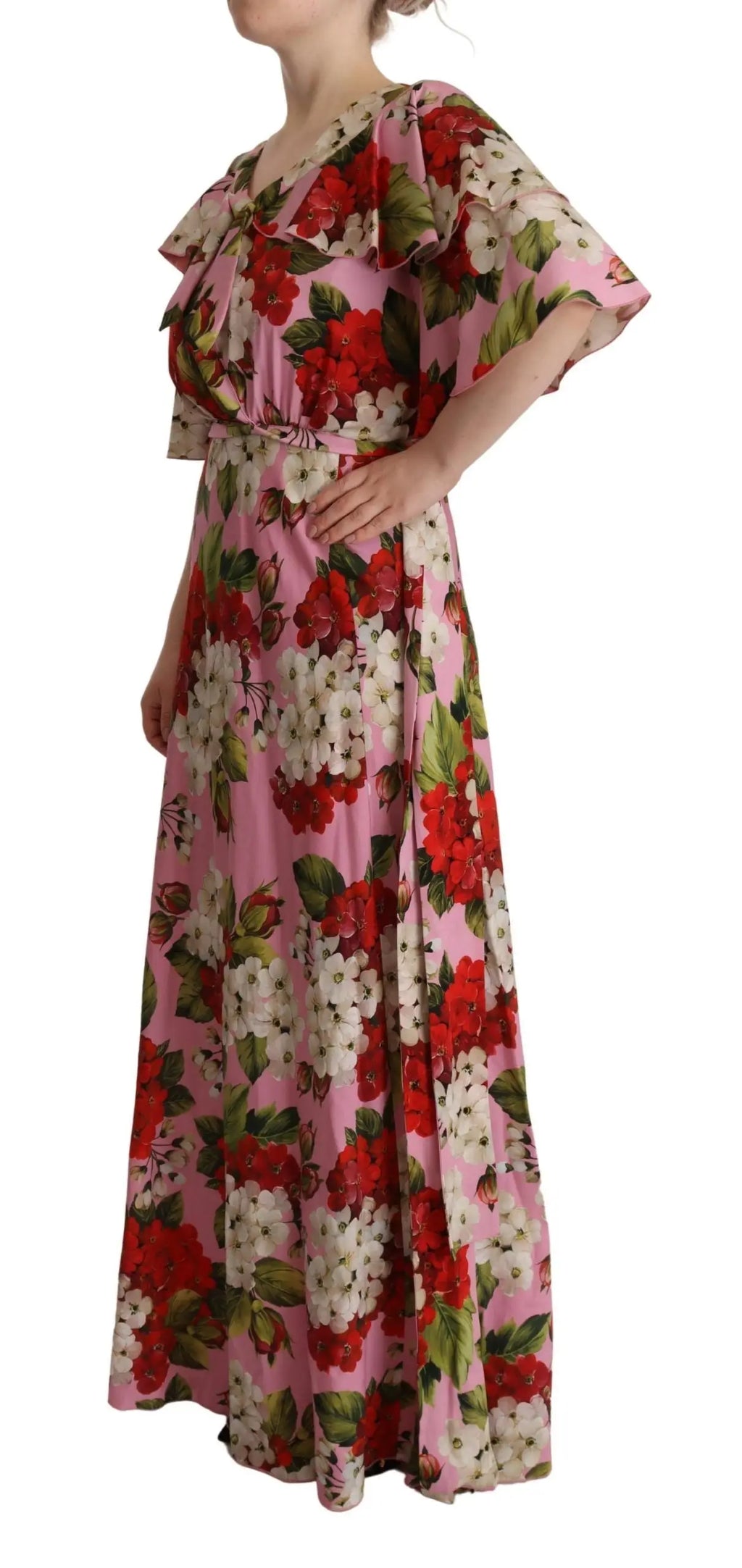 Robe longue en soie stretch dolce & gabbana rose avec motif floral rouge et blanc manches volantées taille cintrée