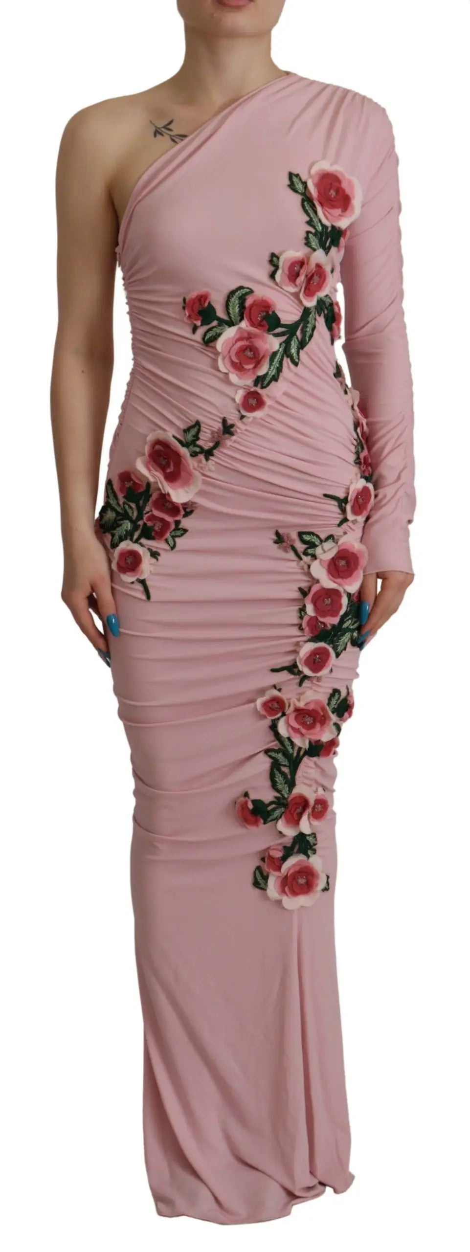 Robe rose dolce & gabbana une épaule avec broderie florale rouge et verte en diagonale sur le côté