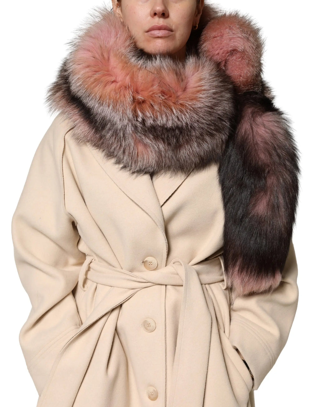 Beige manteau en laine avec col en fourrure de renard dolce gabbana rose dégradé gris hiver 120cm x 27cm