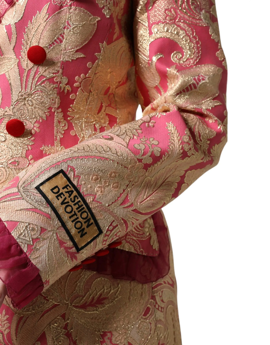 Dolce & Gabbana pink gold jacquard nylon blazer jacket with vibrant floral embroidery and bold red buttons