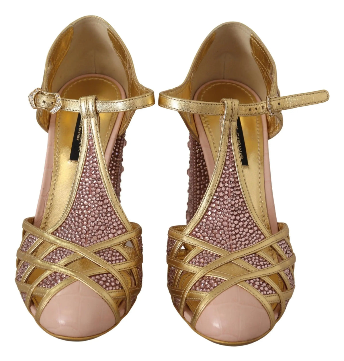 Sandales dolce & gabbana t-strap en cuir doré avec détails perlés roses et finition brillante