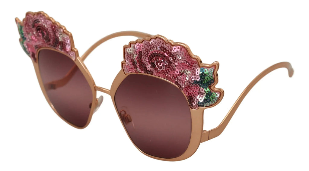 Lunettes de soleil dolce & gabbana dg2202 en or rose décorées de roses et sequins roses et verts scintillants
