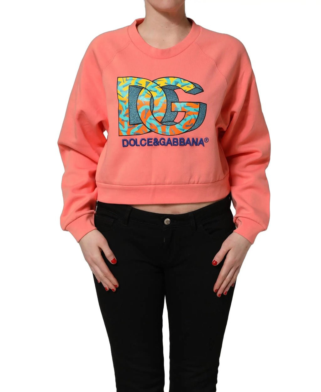 Sweatshirt court corail dolce & gabbana avec logo dg coloré et nom de la marque brodés en bleu