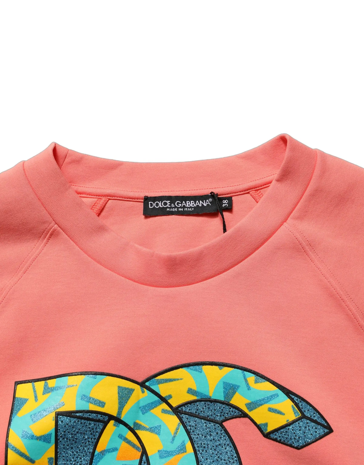 Sweatshirt court dolce & gabbana corail avec logo graphique dc et motifs géométriques turquoise et jaune