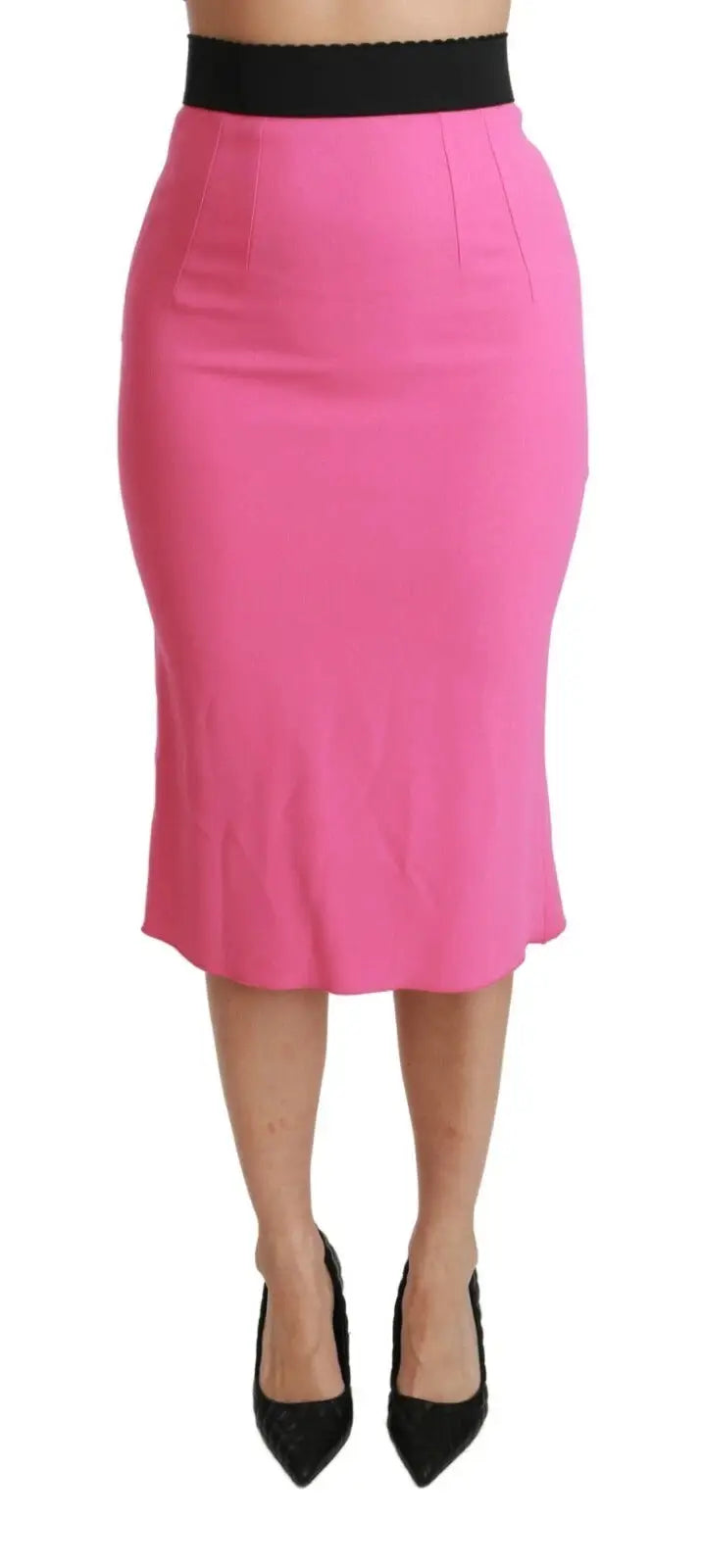Jupe crayon midi dolce & gabbana rose vif avec taille haute élastique noire et ourlet évasé