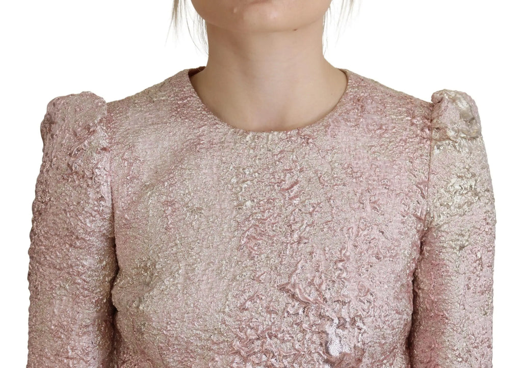Robe midi noire dolce & gabbana en jacquard rose délicat avec manches 3/4 bouffantes et tissu scintillant texturé