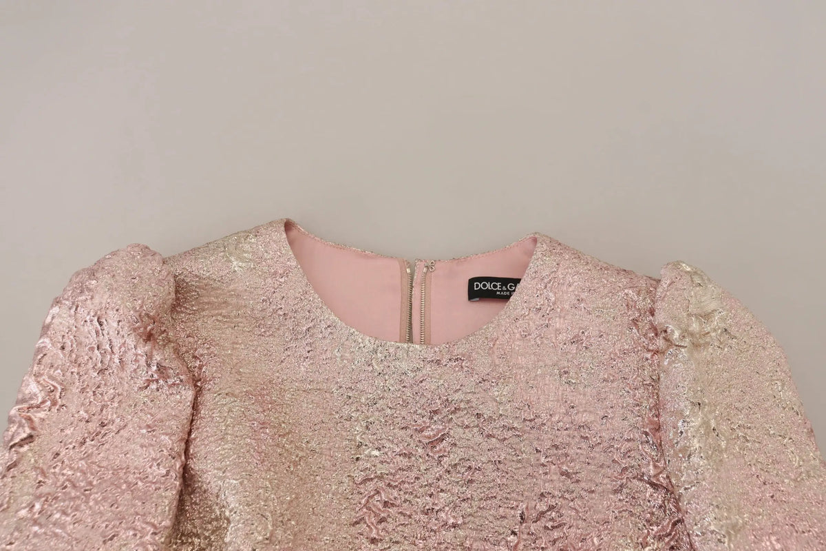 Robe midi dolce & gabbana rose en jacquard avec manches 3/4 bouffantes et étiquette de marque au col
