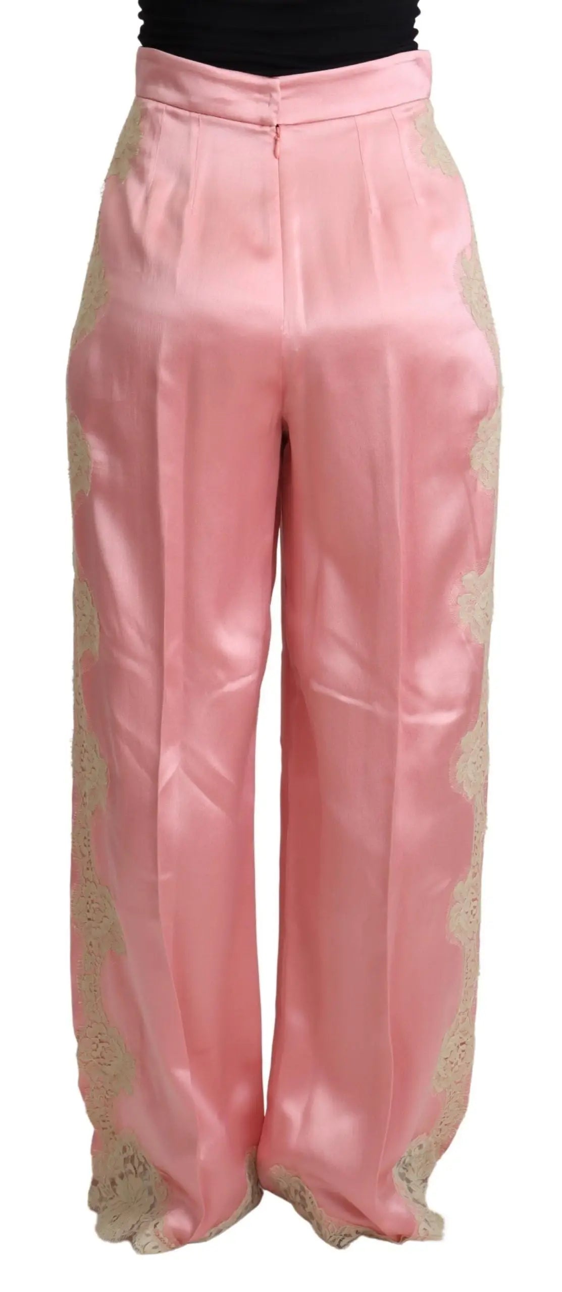 Pantalon large en satin de soie rose dolce & gabbana avec bordure délicate en dentelle beige sur les côtés