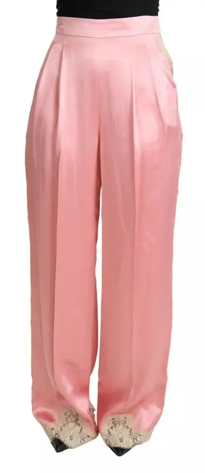 Pantalon large en satin de soie rose dolce & gabbana avec bordure en dentelle aux poignets