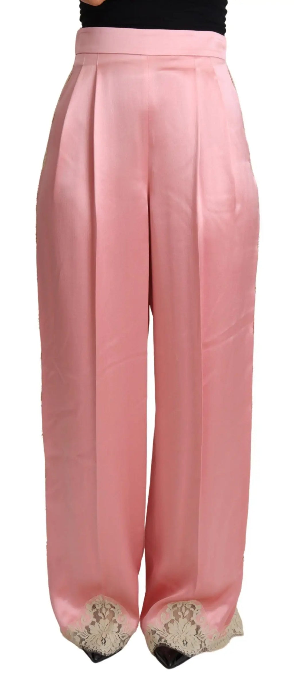 Pantalon large en satin de soie rose dolce gabbana taille haute avec bordure en dentelle aux chevilles