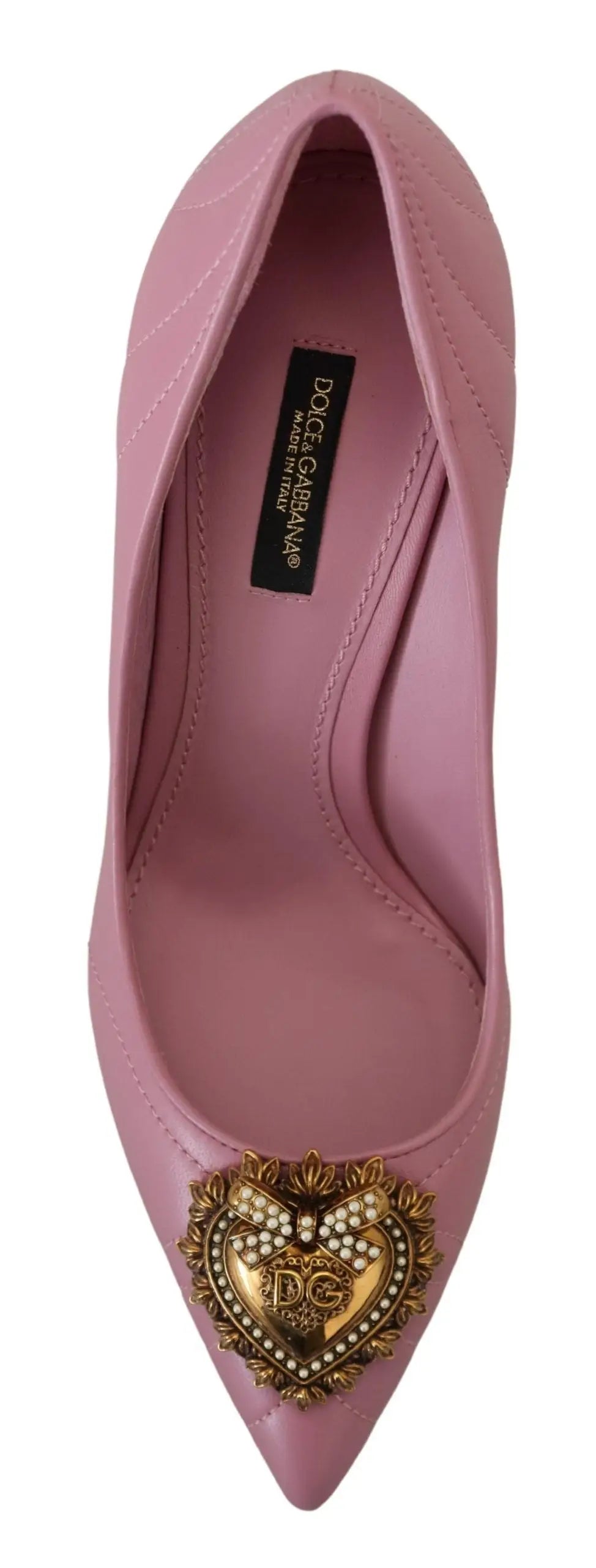 Escarpin dolce gabbana rose en cuir avec ornement coeur doré perlé et logo de la marque