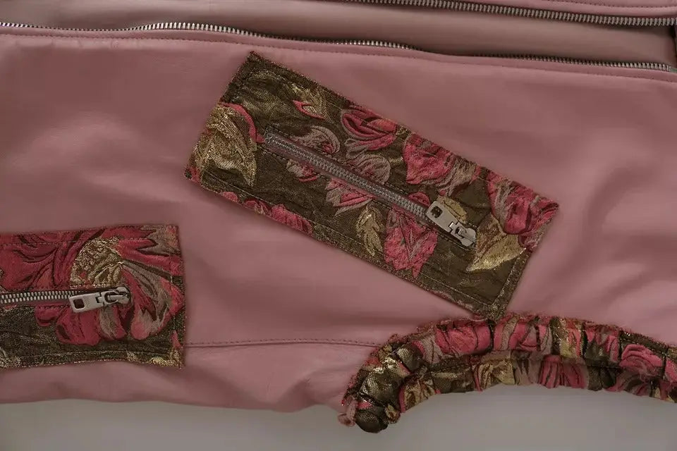 Dolce & gabbana veste sans manches en cuir rose avec poches zippées à motif floral or et rose