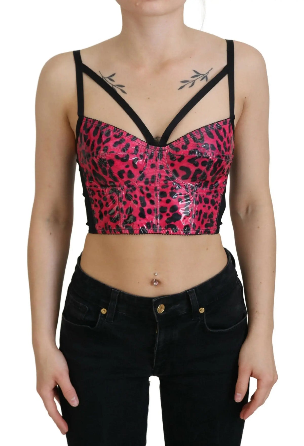 Dolce & Gabbana corset bustier court imprimé léopard rose avec bretelles noires structurées