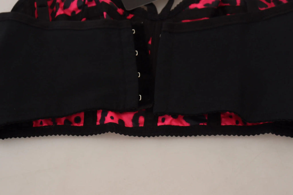 Cropped bustier corset top dolce & gabbana noir avec imprimé léopard rose vif et fermetures latérales réglables