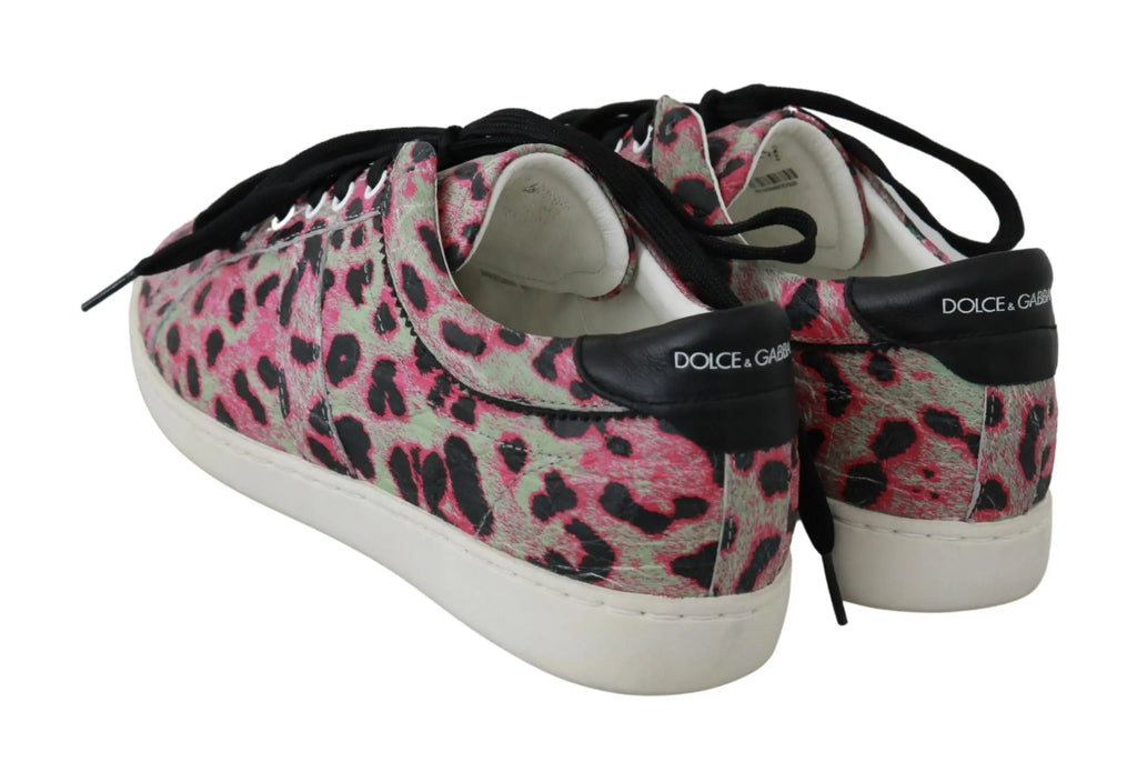 Baskets plates dolce & gabbana en cuir rose et noir à imprimé léopard avec semelles en caoutchouc blanc