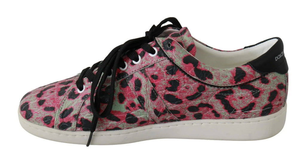 Baskets plates dolce gabbana en cuir imprimé léopard rose et noir avec semelle en caoutchouc blanche