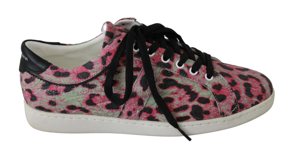 Baskets plates dolce gabbana en cuir dentraînement rose imprimé léopard en daim avec lacets noirs et semelle blanche