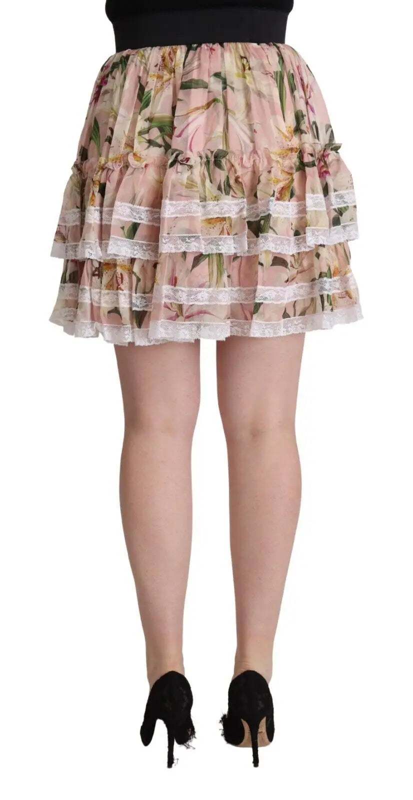 Jupe mini évasée à volants dolce & gabbana en soie rose avec imprimé lys et dentelle blanche en chiffon fluide
