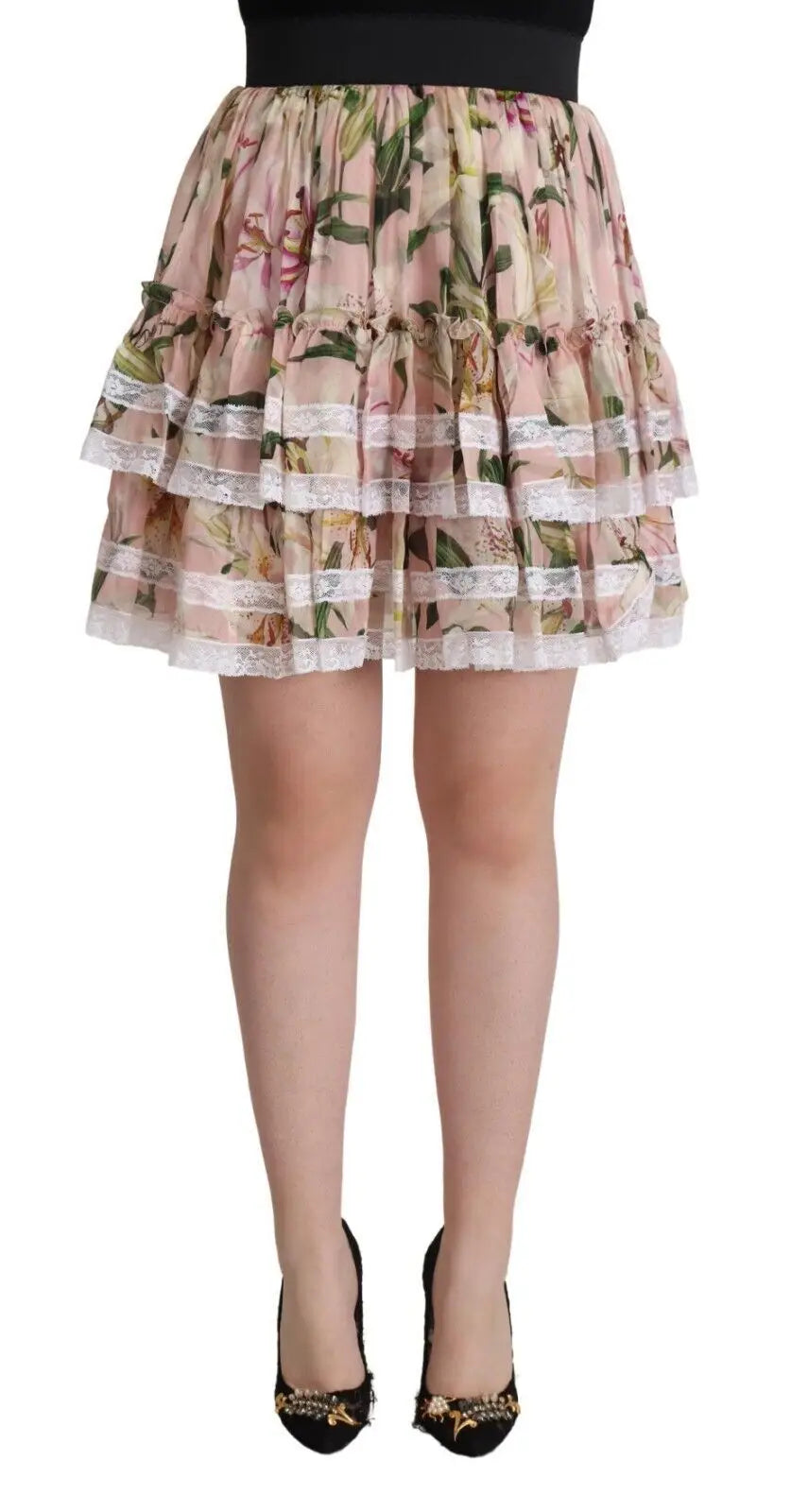 Jupe mini en soie dolce & gabbana rose à volants avec imprimé lys, bordure en dentelle blanche et taille noire