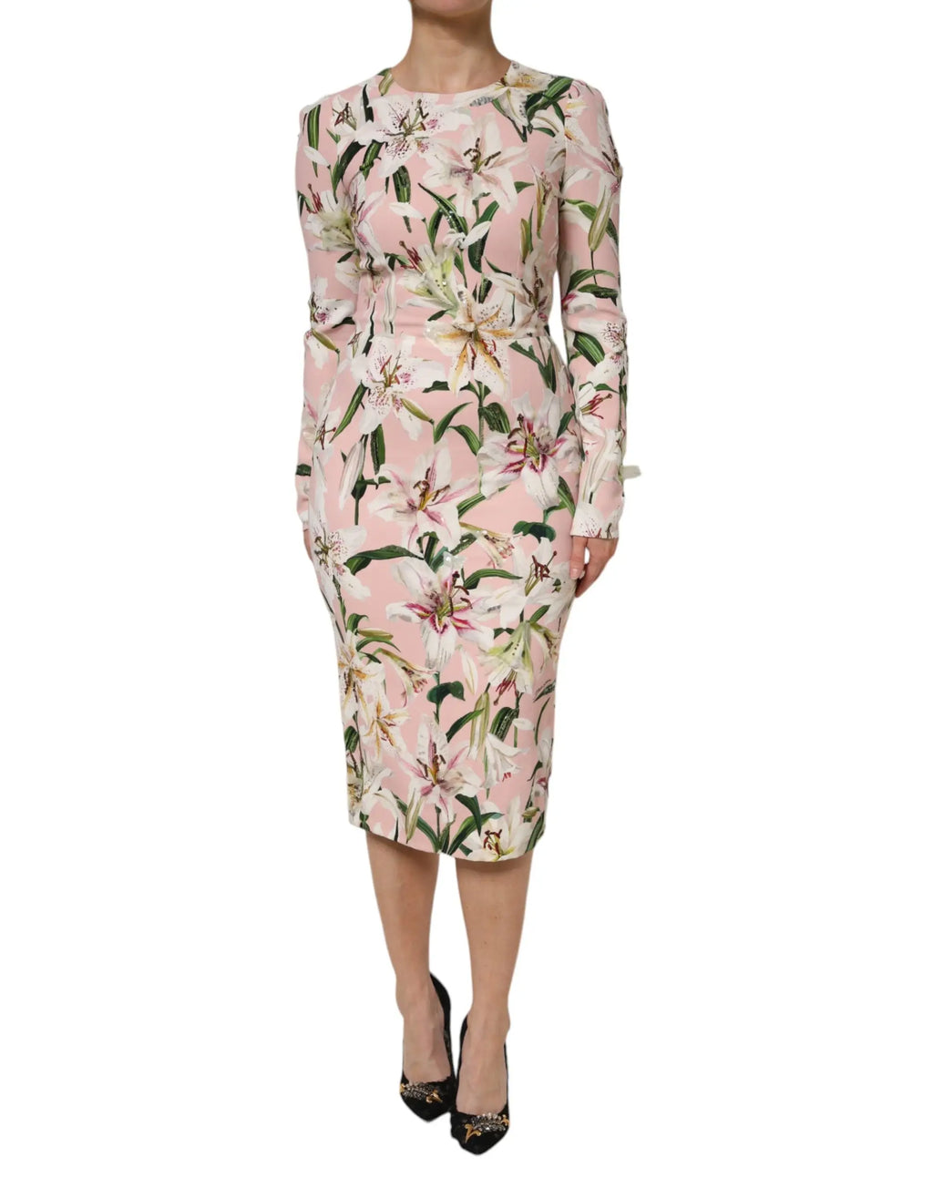 Robe midi rose dolce & gabbana en viscose stretch avec imprimé floral lys manches longues et silhouette ajustée