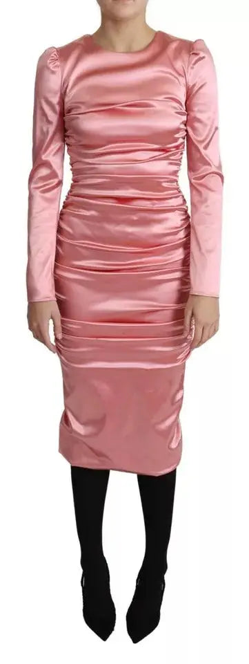 Robe midi bodycon en satin rose avec manches longues et fronces dolce gabbana