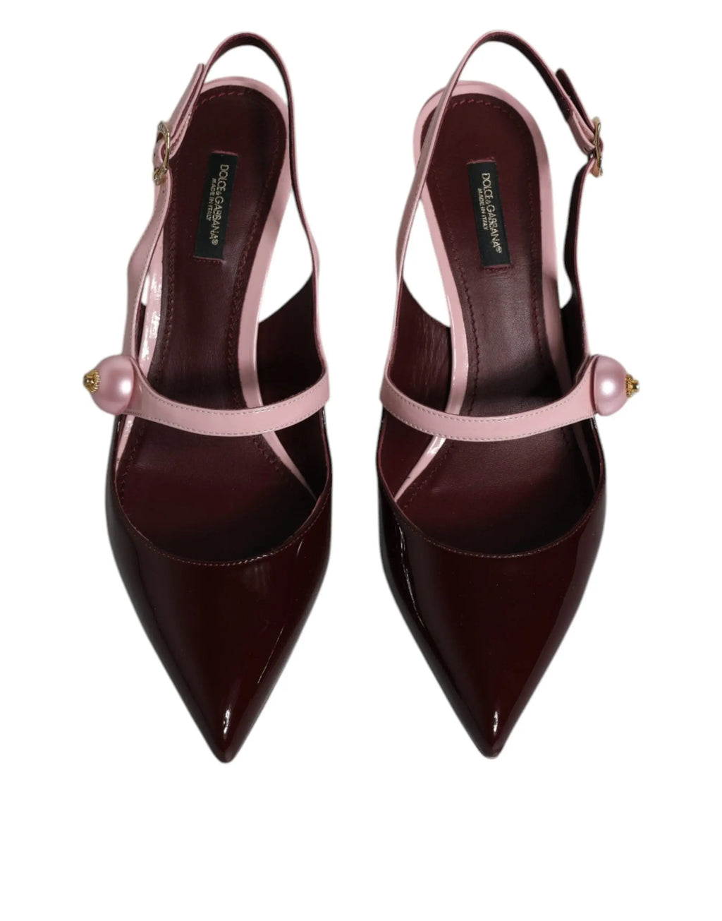 Dolce & gabbana slingback kitten heels en cuir verni bordeaux avec brides roses et accents de perles