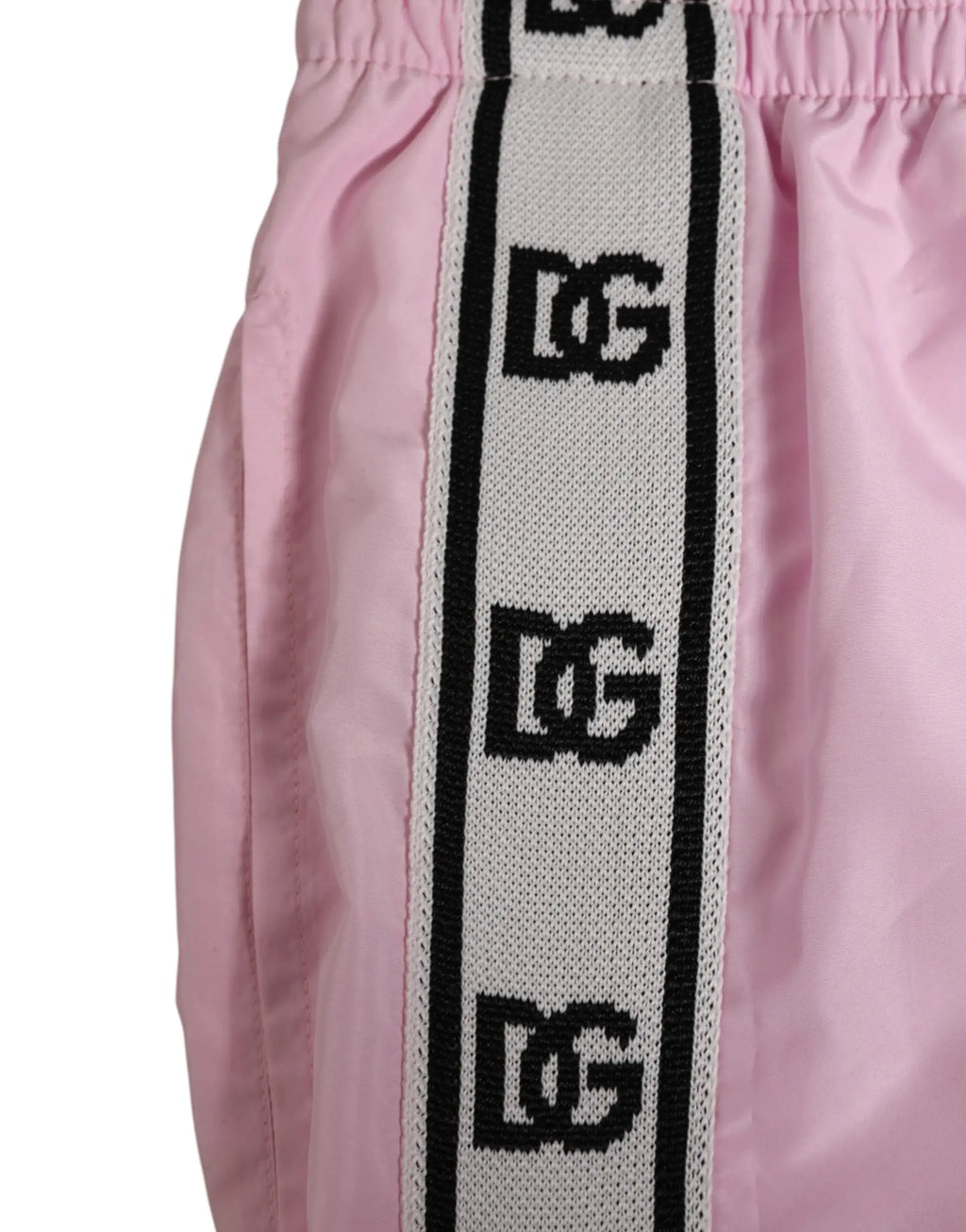Shorts de sport roses dolce & gabbana en nylon avec bande latérale noire et blanche à logo dg répété pour la plage