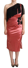Robe midi en satin rose dolce gabbana une épaule avec applications en dentelle noire et détails à franges