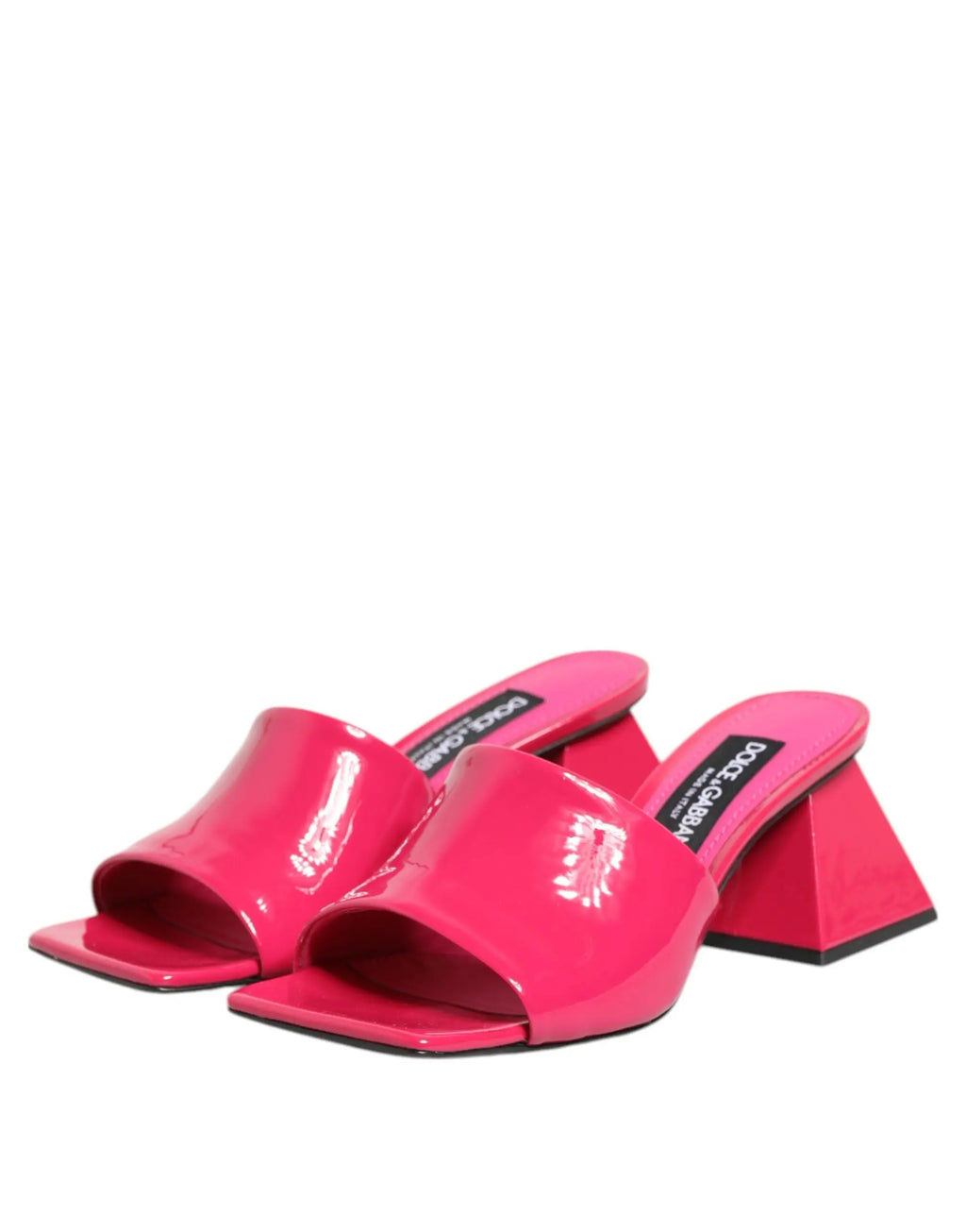 Mules dolce & gabbana ouvertes rose vif en cuir verni avec talon bloc géométrique et semelle noire