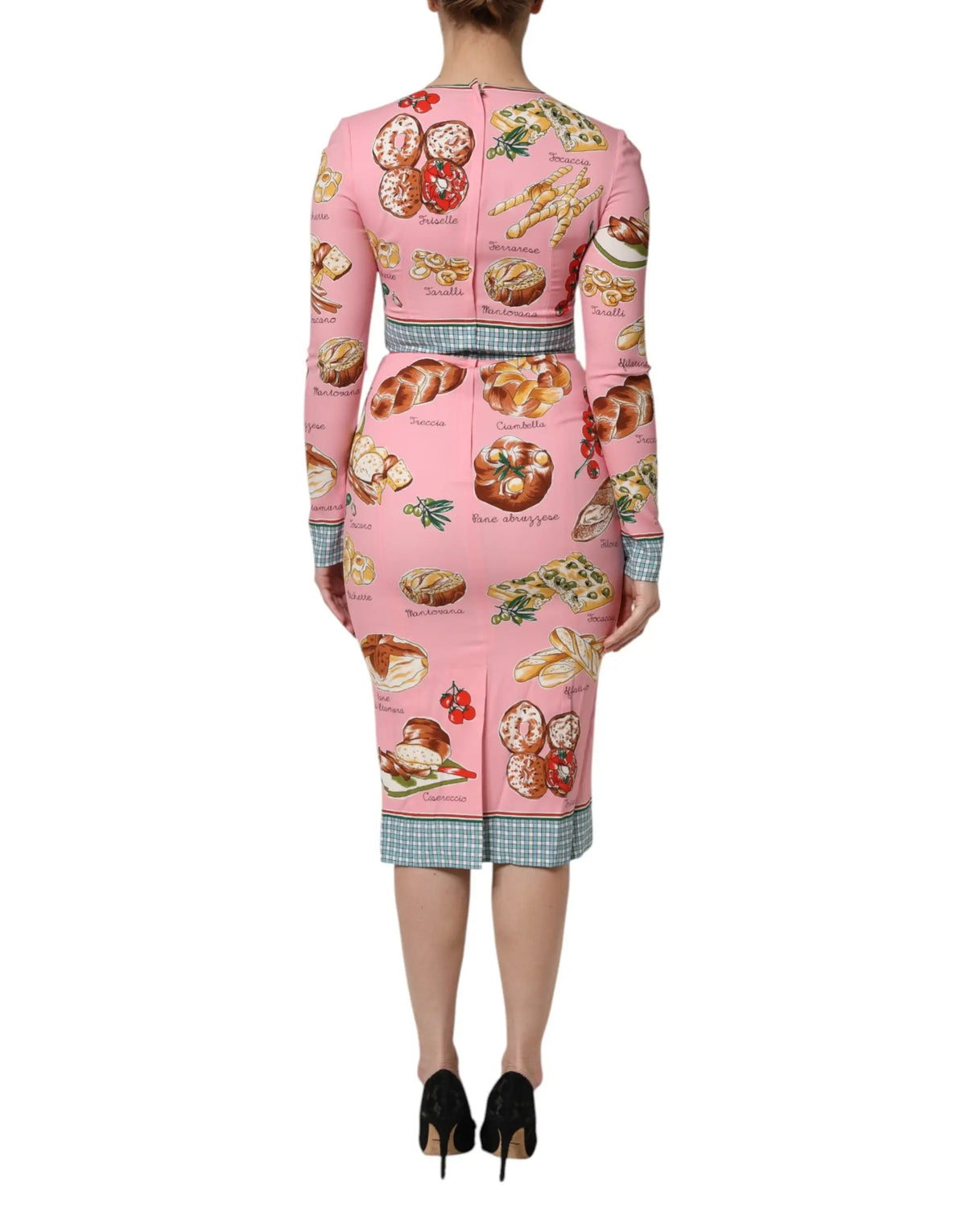 Robe midi rose dolce & gabbana à imprimé viennoiseries avec bordure à carreaux bleus taille et ourlet