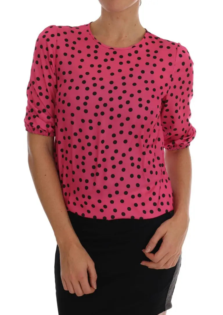 Blouse en soie rose vif à pois noirs avec manches ballon dolce & gabbana