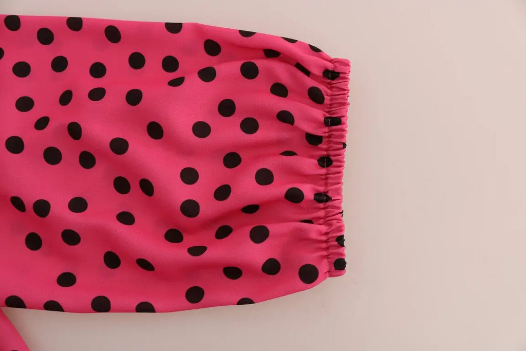 Blouse en soie dolce & gabbana rose vif à pois noirs avec taille élastiquée froncée