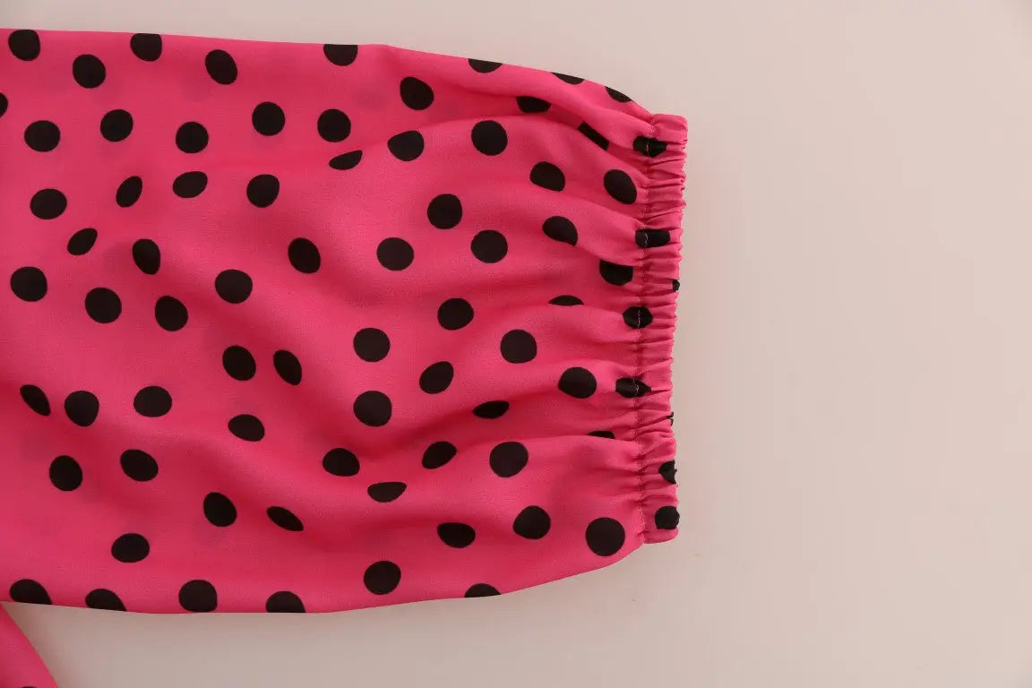 Blouse en soie dolce & gabbana rose vif à pois noirs avec taille élastiquée froncée